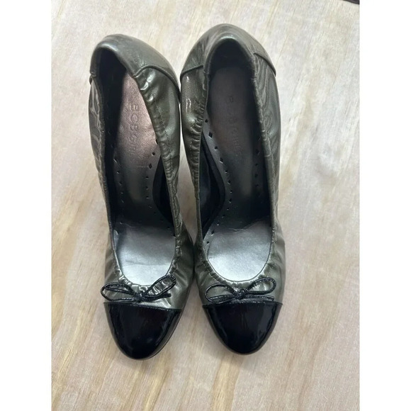 BCBGirls Patent Heels Size 9B Chunky Heel Black Green Bow Runched Side - Picture 3 of 8